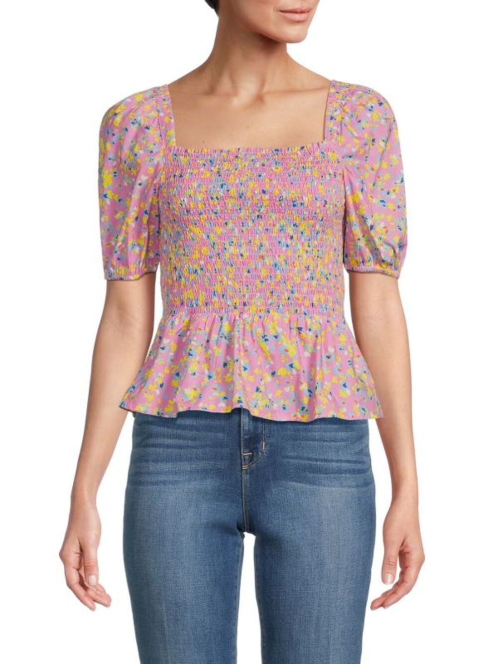 French Connection Stacie Daisy Print Smocked Peplum Top Moonlite Pink